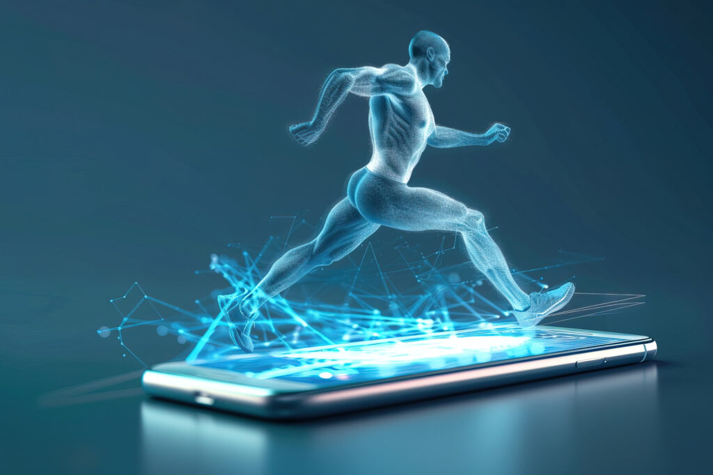 Holograma de un hombre corriendo sobre una pantalla de smartphone