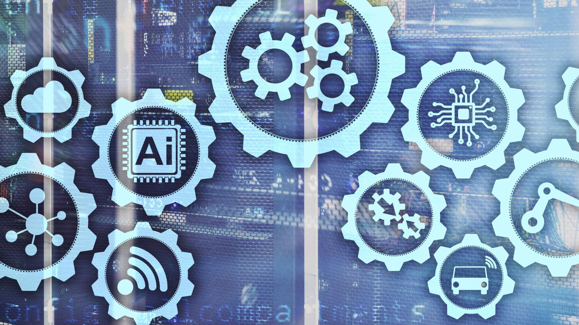 Imágenes de engranajes con símbolos de tecnologías dentro